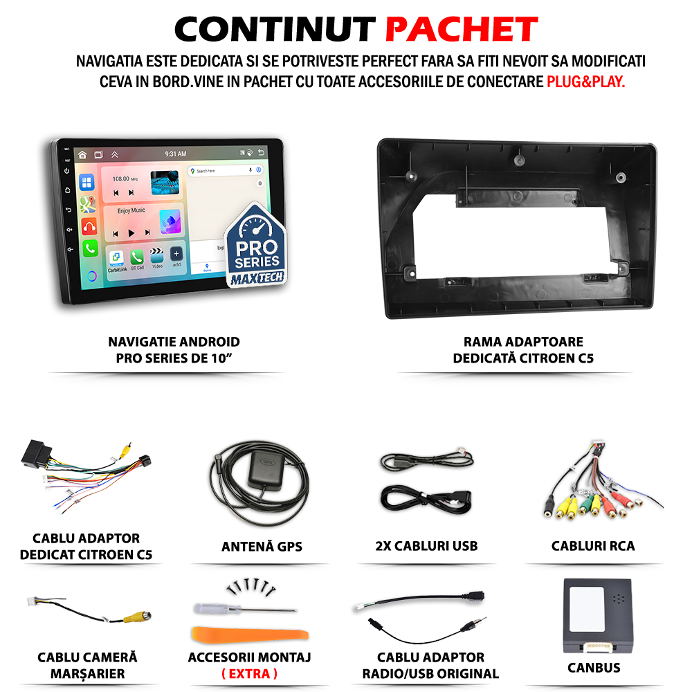 Navigatie Citroen C5 (2013-2016) dedicata, MaxTech® PRO SERIES, 4 GB Ram 64 GB Rom, Carplay si Android auto, Ecran 10 ” HD Touch, GPS, Wifi, Bluetooth, Radio, USB, EQ, DSP, Waze