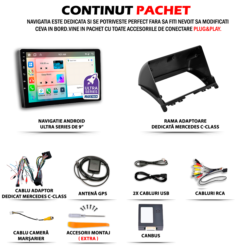 Navigatie Mercedes-Benz C-Class W204/S204 (2007-2010) dedicata, MaxTech® PRO SERIES, 2 GB Ram 64 GB Rom, Carplay si Android auto, Ecran 9” HD Touch, GPS, Wifi, Bluetooth, Radio, USB, EQ, DSP, Waze