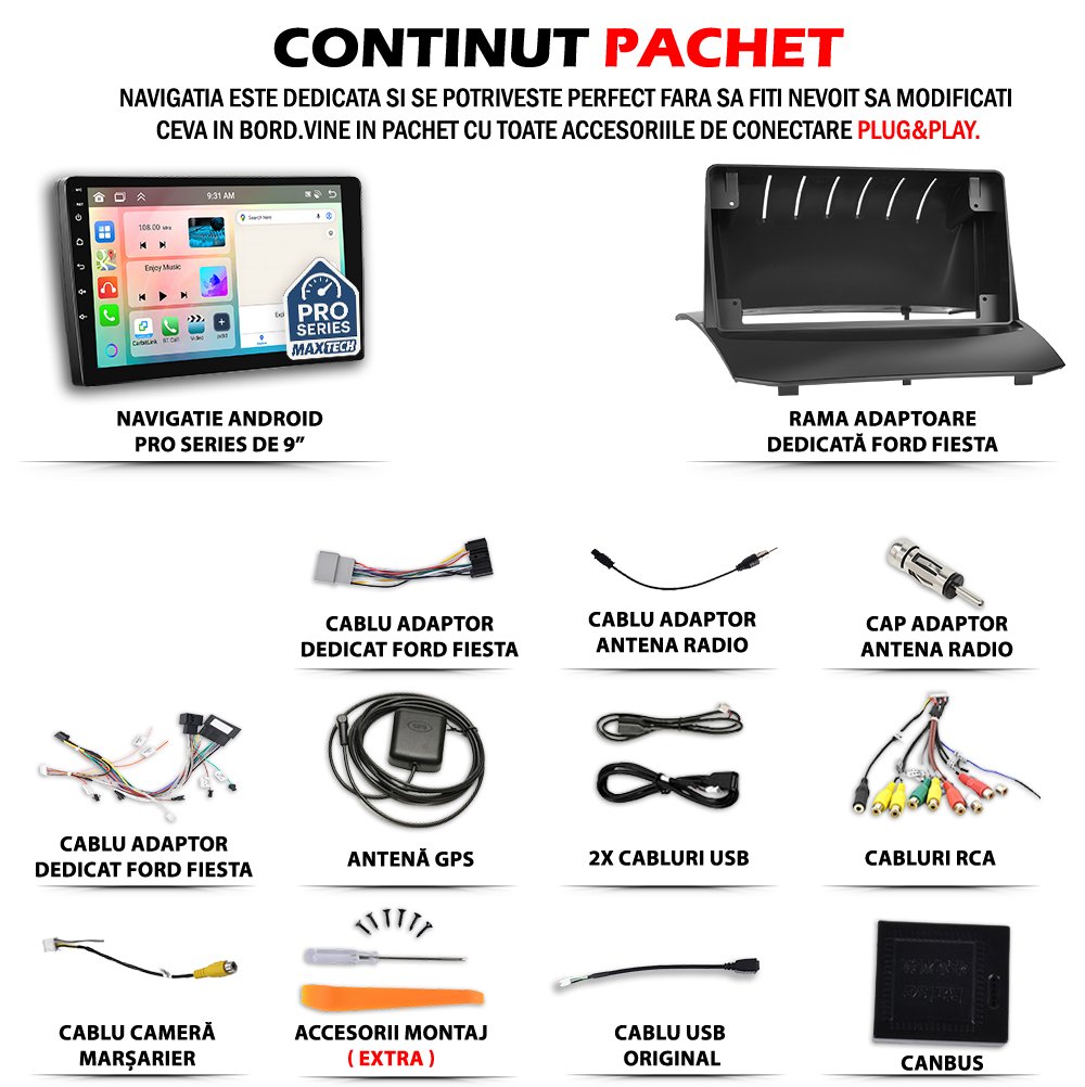 Navigatie Ford Fiesta Mk7 (2009-2014) dedicata, MaxTech® PRO SERIES, 8 GB Ram 128 GB Rom, OctaCore, Carplay si Android auto, Ecran 9” HD Touch, Sim 4G, ADI/HI-Res, GPS, Wifi, Bluetooth, Radio, USB, EQ, DSP, Waze