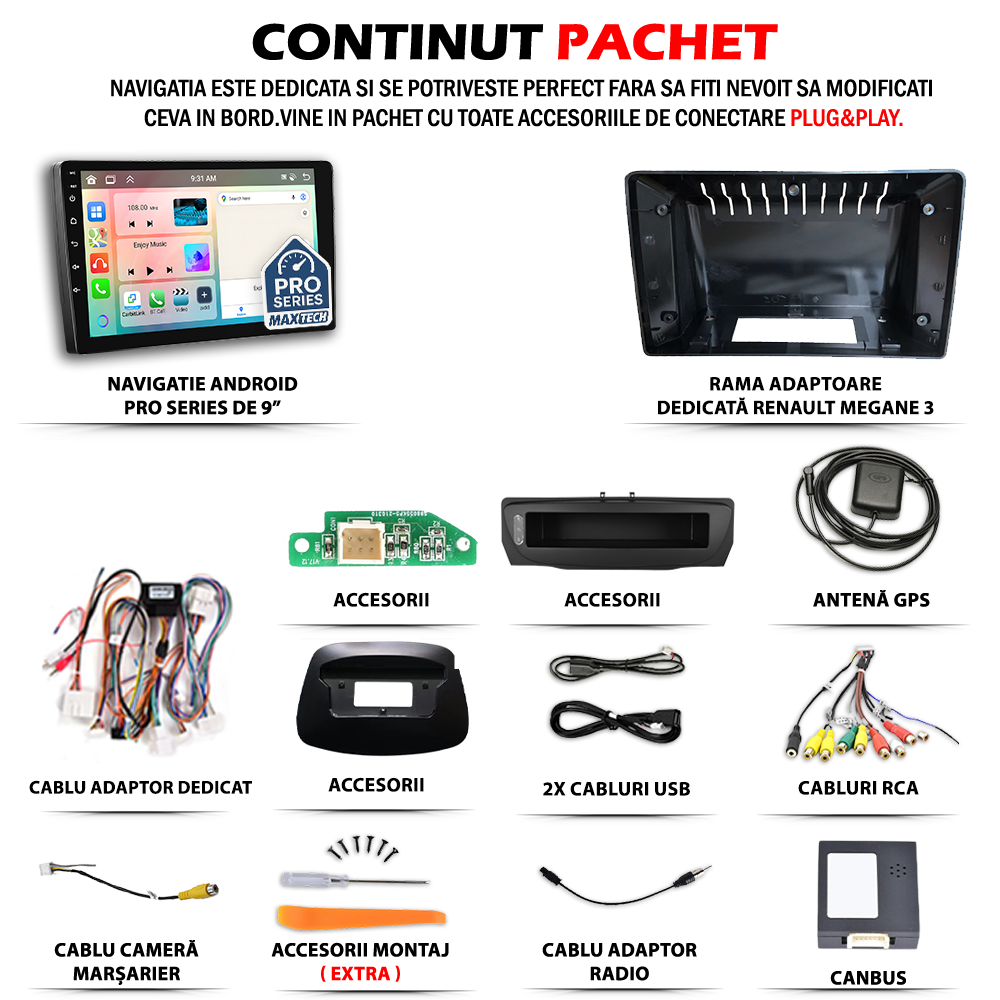Navigatie Renault Megane 3 (2009-2014) dedicata, MaxTech® PRO SERIES, 2 GB Ram 64 GB Rom, Carplay si Android auto, Ecran 9” HD Touch, GPS, Wifi, Bluetooth, Radio, USB, EQ, DSP, Waze