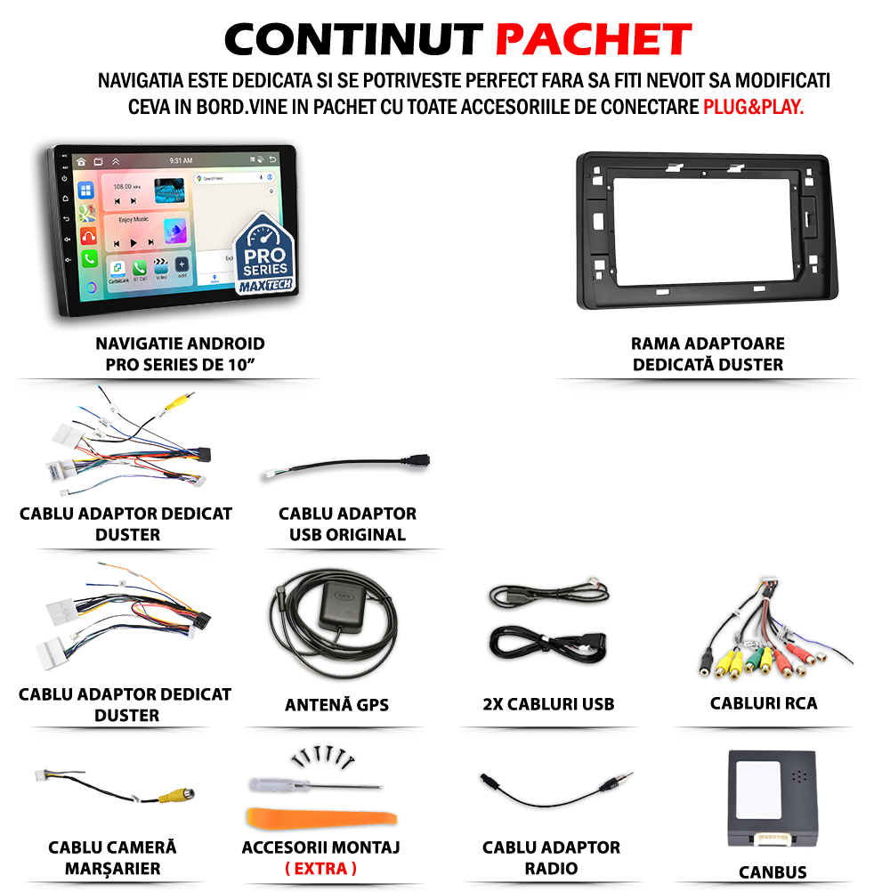 Navigatie Dacia Duster II (2018-2021) pre-facelift dedicata, MaxTech® PRO SERIES, 2 GB Ram 64 GB Rom, Carplay si Android auto, Ecran 10” HD Touch, GPS, Wifi, Bluetooth, Radio, USB, EQ, DSP, Waze