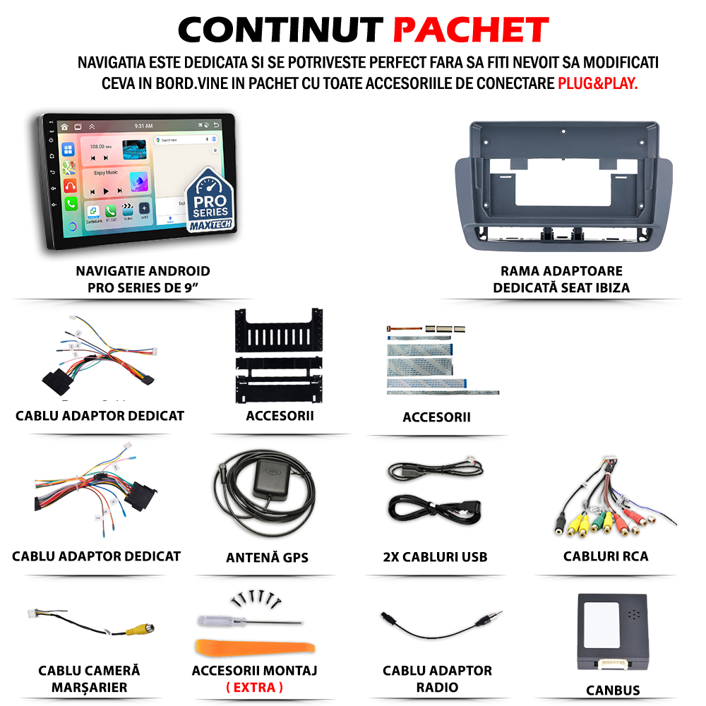 Navigatie SEAT Ibiza IV (6J) Facelift (2012–2015) dedicata, MaxTech® PRO SERIES, 2 GB Ram 64 GB Rom, Carplay si Android auto, Ecran 9” HD Touch, GPS, Wifi, Bluetooth, Radio, USB, EQ, DSP, Waze