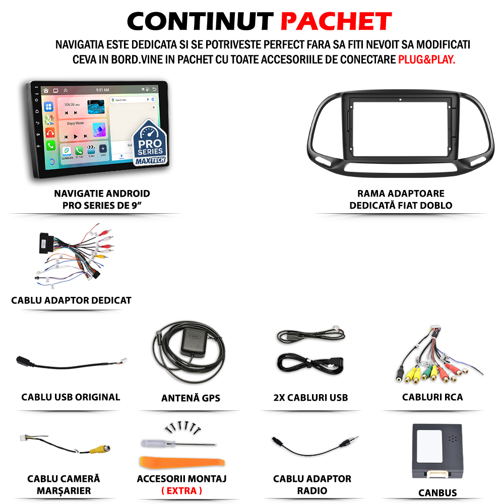 Navigatie Fiat Doblò II Facelift (2015–2020) dedicata, MaxTech® PRO SERIES, 2 GB Ram 64 GB Rom, Carplay si Android auto, Ecran 9” HD Touch, GPS, Wifi, Bluetooth, Radio, USB, EQ, DSP, Waze