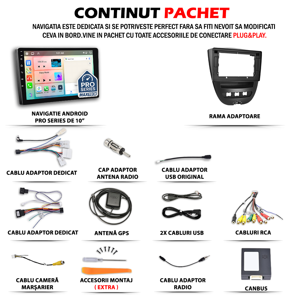 Navigatie Toyota Aygo I, Peugeot 107 si Citroen C1 I (2005-2014) dedicata, MaxTech® PRO SERIES, 2 GB Ram 64 GB Rom, Carplay si Android auto, Ecran 10” HD Touch, GPS, Wifi, Bluetooth, Radio, USB, EQ, DSP, Waze