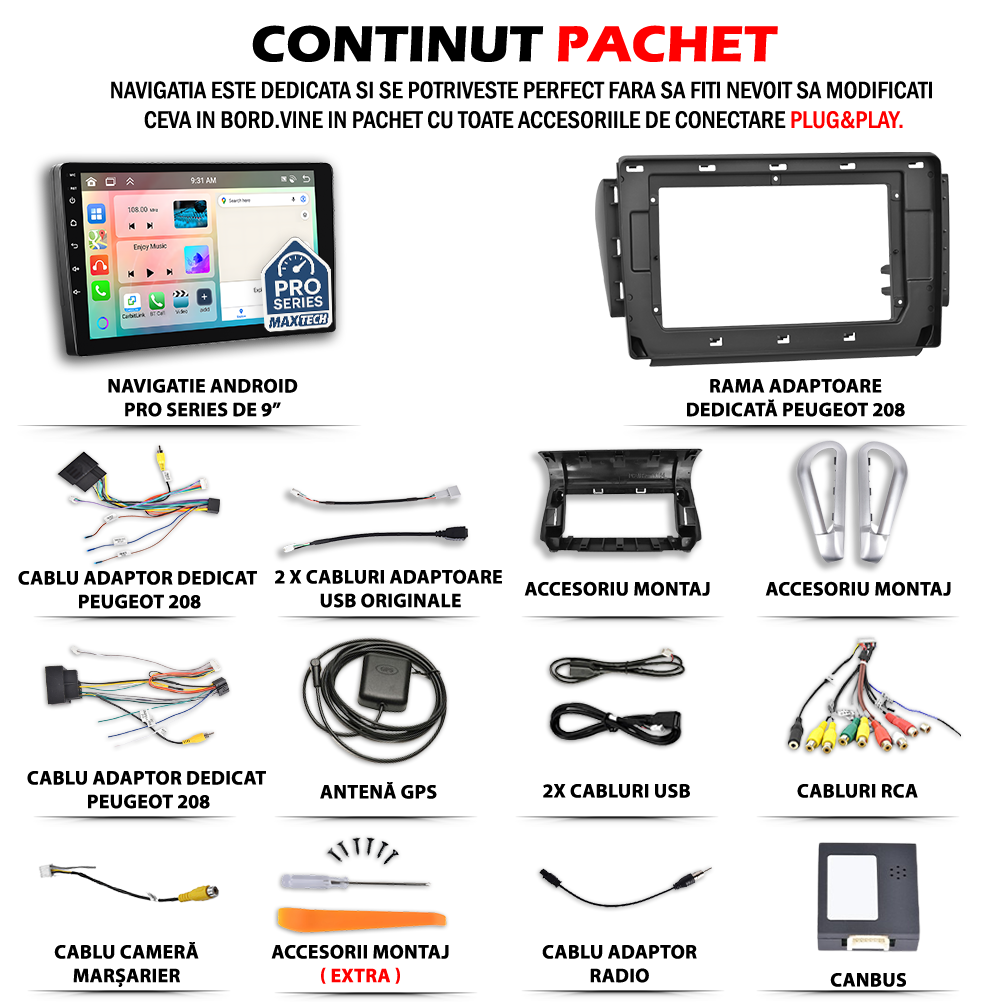 Navigatie Peugeot 208/2008 I (2013-2019) dedicata, MaxTech® PRO SERIES, 2 GB Ram 64 GB Rom, Carplay si Android auto, Ecran 10” HD Touch, GPS, Wifi, Bluetooth, Radio, USB, EQ, DSP, Waze