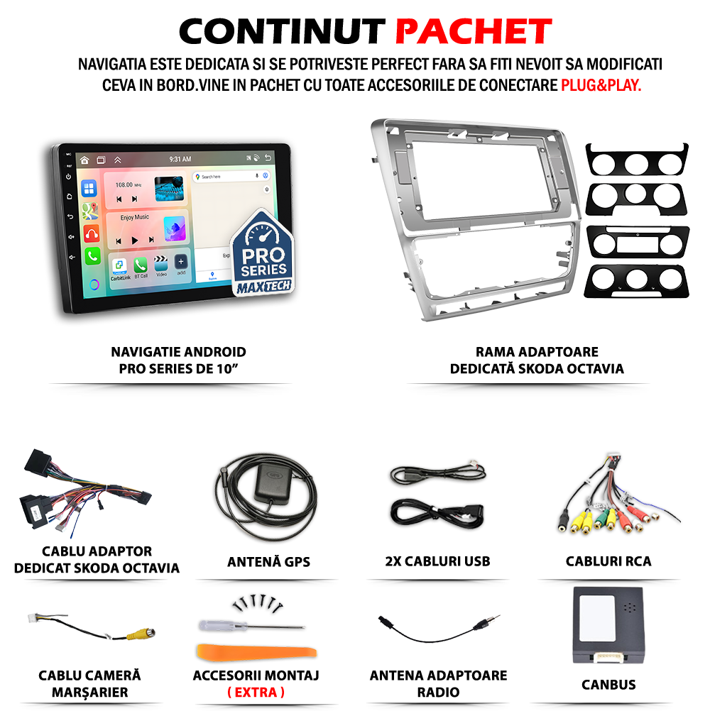 Navigatie Skoda Octavia II (2007-2013) dedicata, MaxTech® PRO SERIES, 2 GB Ram 64 GB Rom, Carplay si Android auto, Ecran 10” HD Touch, GPS, Wifi, Bluetooth, Radio, USB, EQ, DSP, Waze