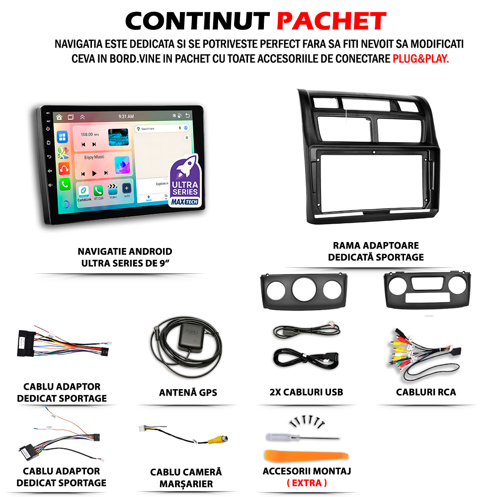 Navigatie Kia Sportage II (2007-2010) dedicata, MaxTech® PRO SERIES, 2 GB Ram 64 GB Rom, Carplay si Android auto, Ecran 9” HD Touch, GPS, Wifi, Bluetooth, Radio, USB, EQ, DSP, Waze