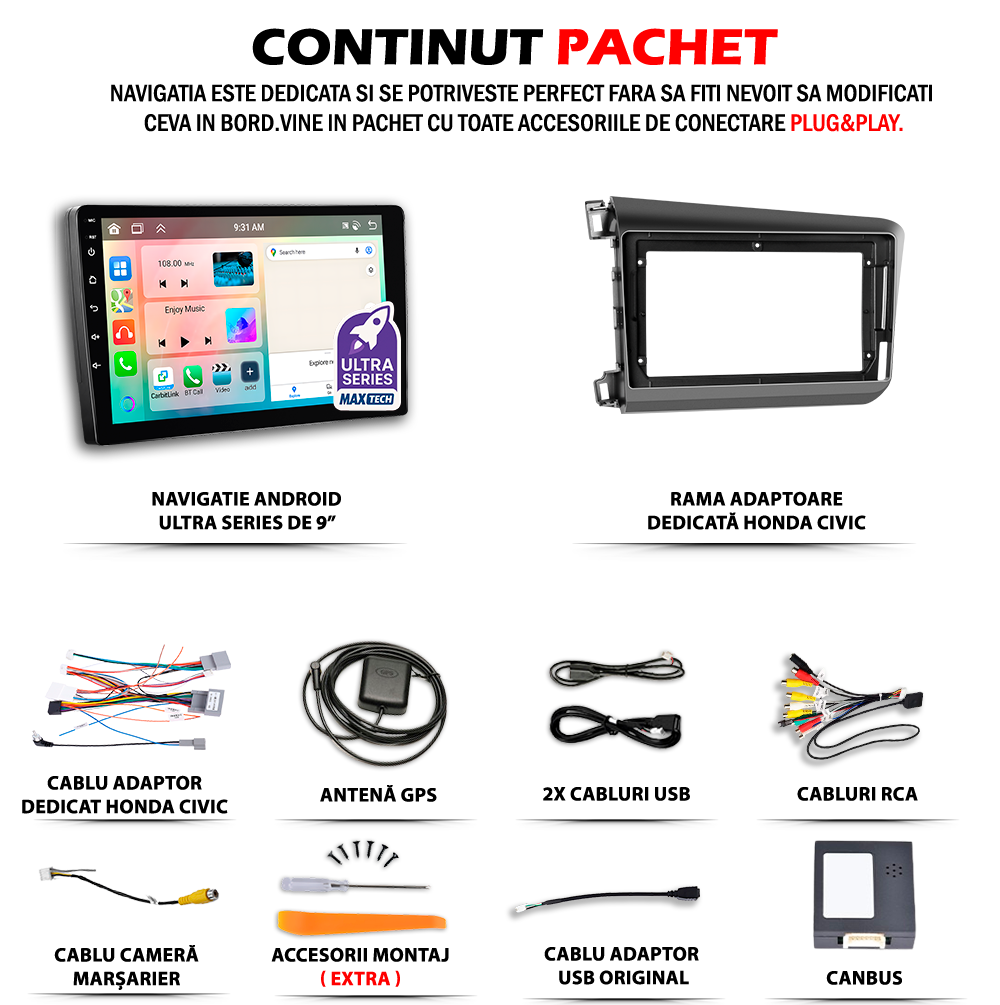 Navigatie Honda Civic 9 Sedan (2012-2015) dedicata, MaxTech® PRO SERIES, 6 GB Ram 128 GB Rom, Carplay si Android auto, Ecran 9” HD Touch, GPS, Wifi, Bluetooth, Radio, USB, EQ, DSP, Waze