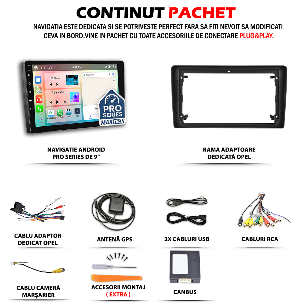Navigatie Opel Zafira / Antara / Astra (2006-2010) dedicata, MaxTech® PRO SERIES, 2 GB Ram 64 GB Rom, Carplay si Android auto, Ecran 9” HD Touch, GPS, Wifi, Bluetooth, Radio, USB, EQ, DSP, Waze