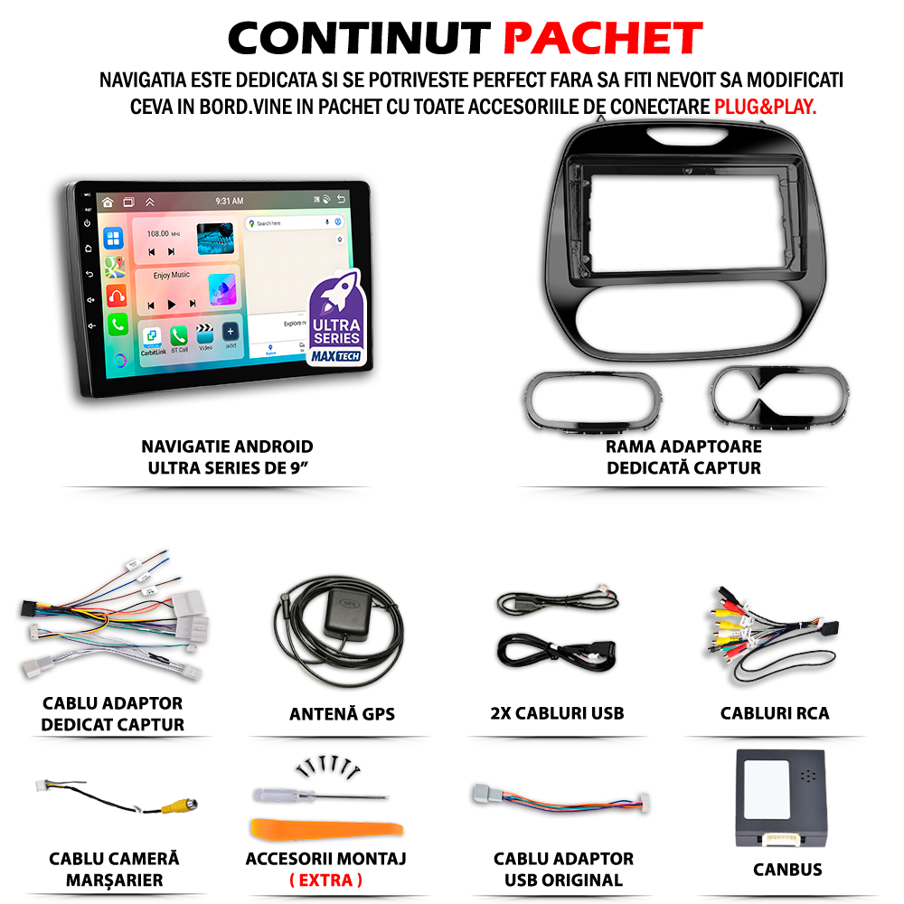 Navigatie Renault Captur 1 (2013-2017) Pre-Facelift dedicata, MaxTech® PRO SERIES, 8 GB Ram 128 GB Rom, OctaCore, Carplay si Android auto, Ecran 9” HD Touch, Sim 4G, ADI/HI-Res, GPS, Wifi, Bluetooth, Radio, USB, EQ, DSP, Waze