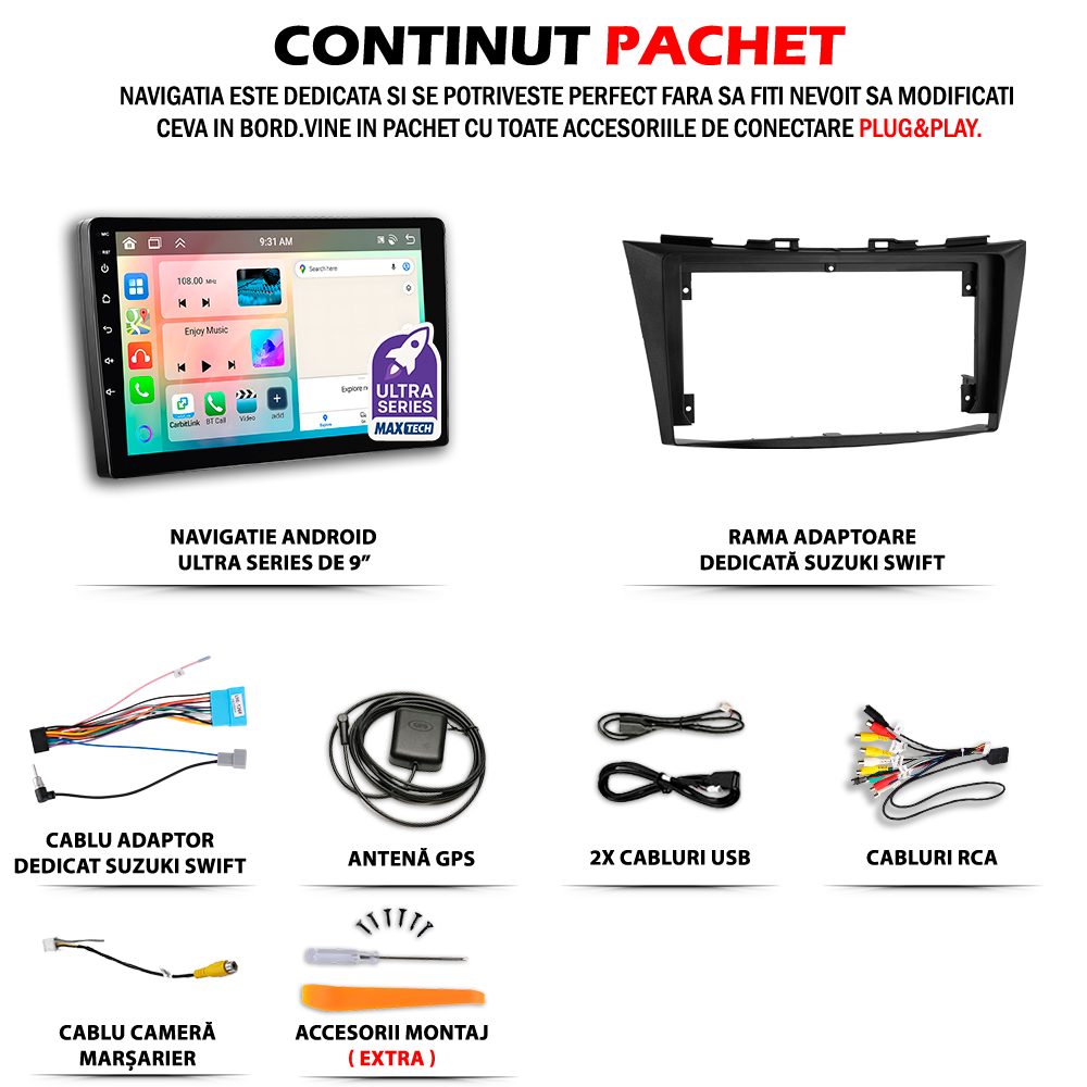 Navigatie Suzuki Swift 4 (2010-2017) dedicata, MaxTech® PRO SERIES, 8 GB Ram 128 GB Rom, OctaCore, Carplay si Android auto, Ecran 9” HD Touch, Sim 4G, ADI/HI-Res, GPS, Wifi, Bluetooth, Radio, USB, EQ, DSP, Waze