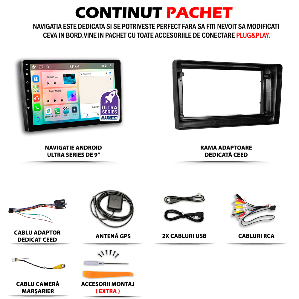 Navigatie Kia Ceed I (2007-2009) Pre-Facelift dedicata, MaxTech® PRO SERIES, 2 GB Ram 64 GB Rom, Carplay si Android auto, Ecran 9” HD Touch, GPS, Wifi, Bluetooth, Radio, USB, EQ, DSP, Waze