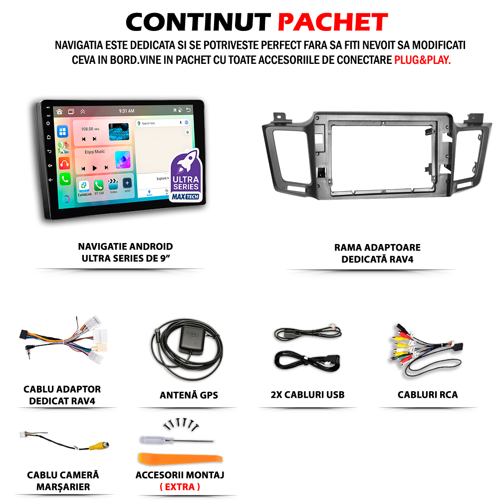 Navigatie Toyota RAV4 IV (2013-2018) dedicata, MaxTech® PRO SERIES, 2 GB Ram 64 GB Rom, Carplay si Android auto, Ecran 10” HD Touch, GPS, Wifi, Bluetooth, Radio, USB, EQ, DSP, Waze