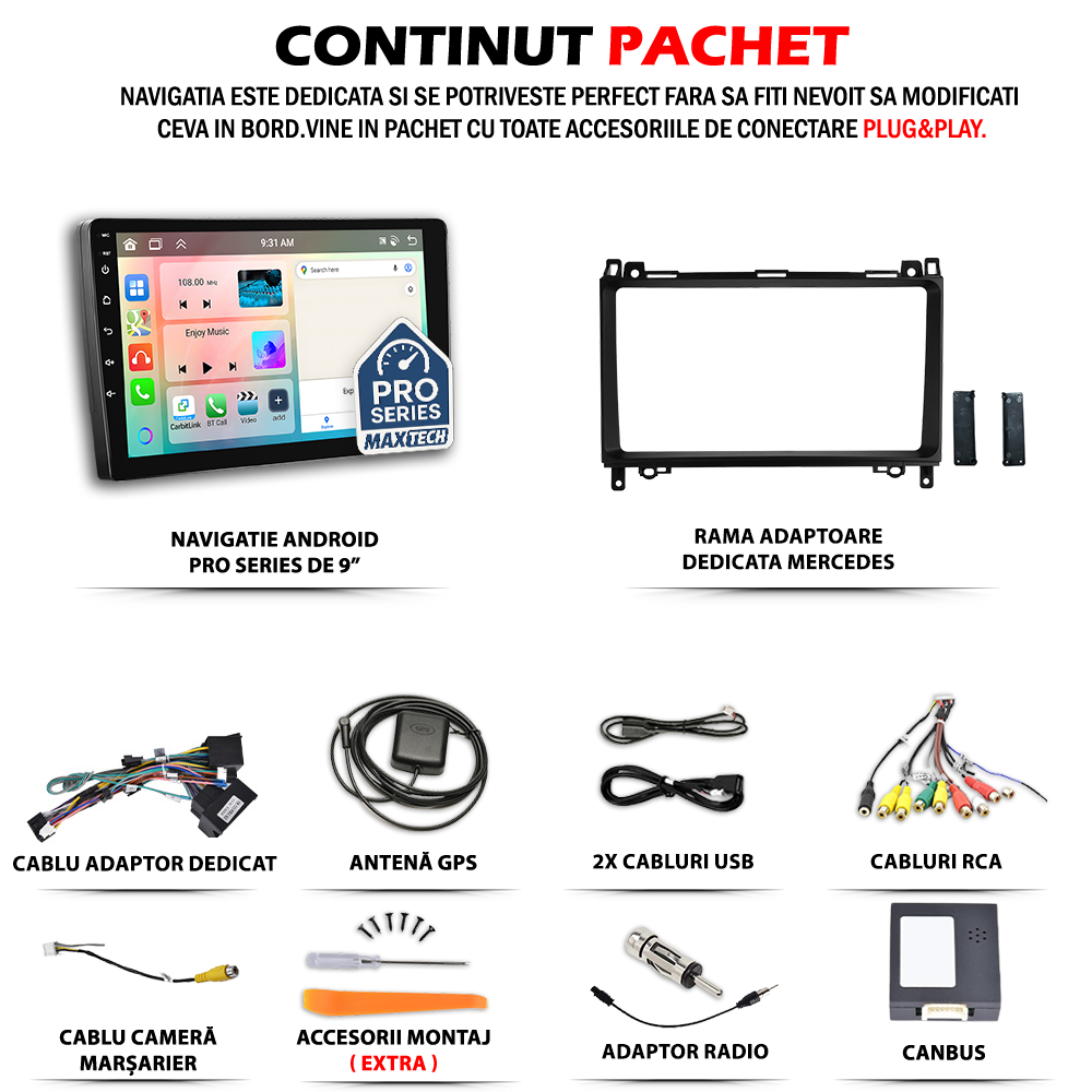 Navigatie Mercedes B-Class(2008–2011),Vito(2006–2014),Viano(2006–2014),Sprinter(2006–2012)VW Crafter(2006-2016)dedicata,MaxTech® PRO SERIES,8 GB Ram 128 GB Rom, OctaCore,Carplay si Android auto,Ecran 9” HD Touch, Sim 4G, ADI/HI-Res, GPS, Wifi, Bluetooth,