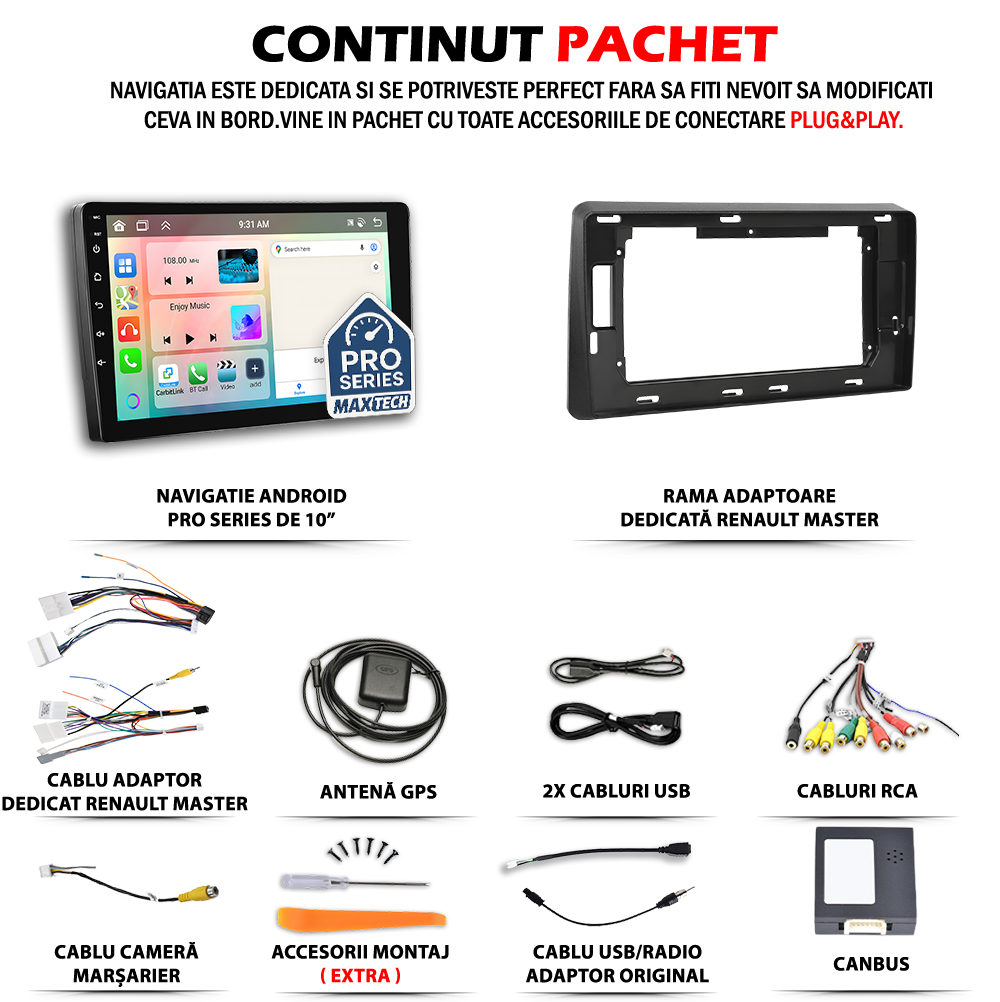 Navigatie Renault Master III (2019-2024) Facelift dedicata, MaxTech® PRO SERIES, 8 GB Ram 128 GB Rom, OctaCore, Carplay si Android auto, Ecran 10” HD Touch, Sim 4G, ADI/HI-Res, GPS, Wifi, Bluetooth, Radio, USB, EQ, DSP, Waze