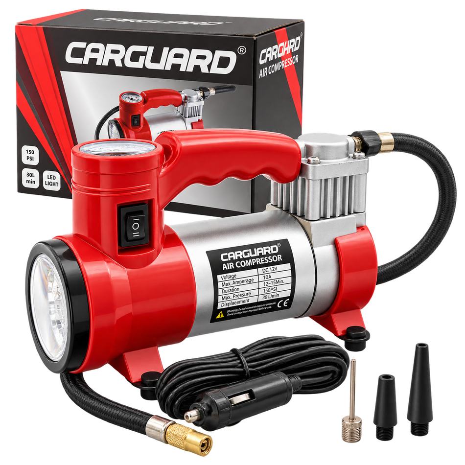 Compresor auto 12V Carguard, 30 L/min, 150 PSI, 10 Bar, carcasa metalica, manometru analog, lanterna LED, alimentare bricheta auto