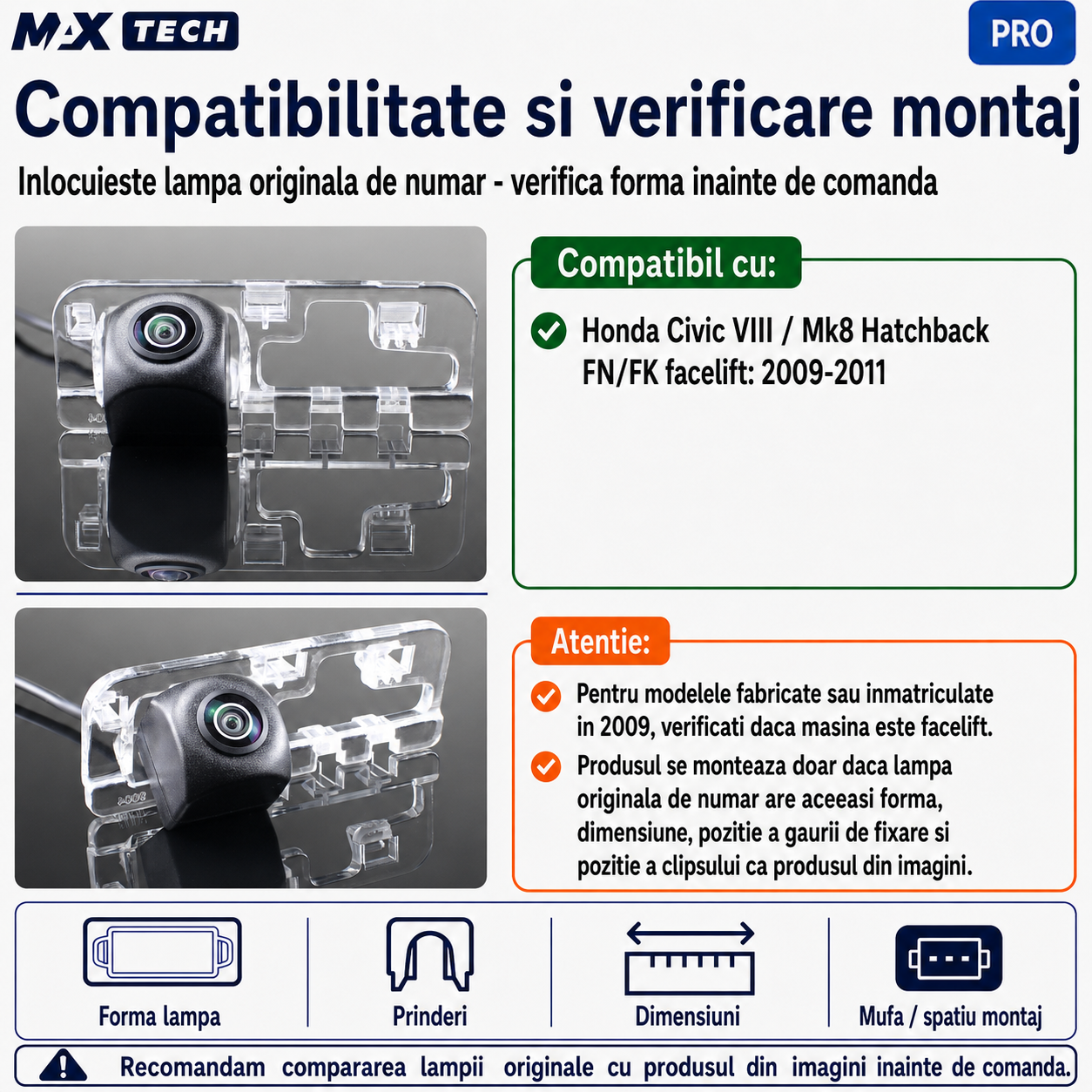 Camera marsarier Honda Civic VIII Mk8 Hatchback facelift dedicata, MaxTech PRO, suport lampa numar OEM, AHD/CVBS 1280x720, unghi 155 grade, RCA, navigatii Android aftermarket