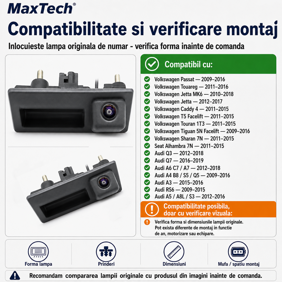 Camera marsarier AF in maner portbagaj MaxTech® ECO Series VW Jetta Passat Tiguan Touareg Audi A3 A4 A6 Q5, AHD/CVBS 720P, 170 grade, OEM 5N0827566