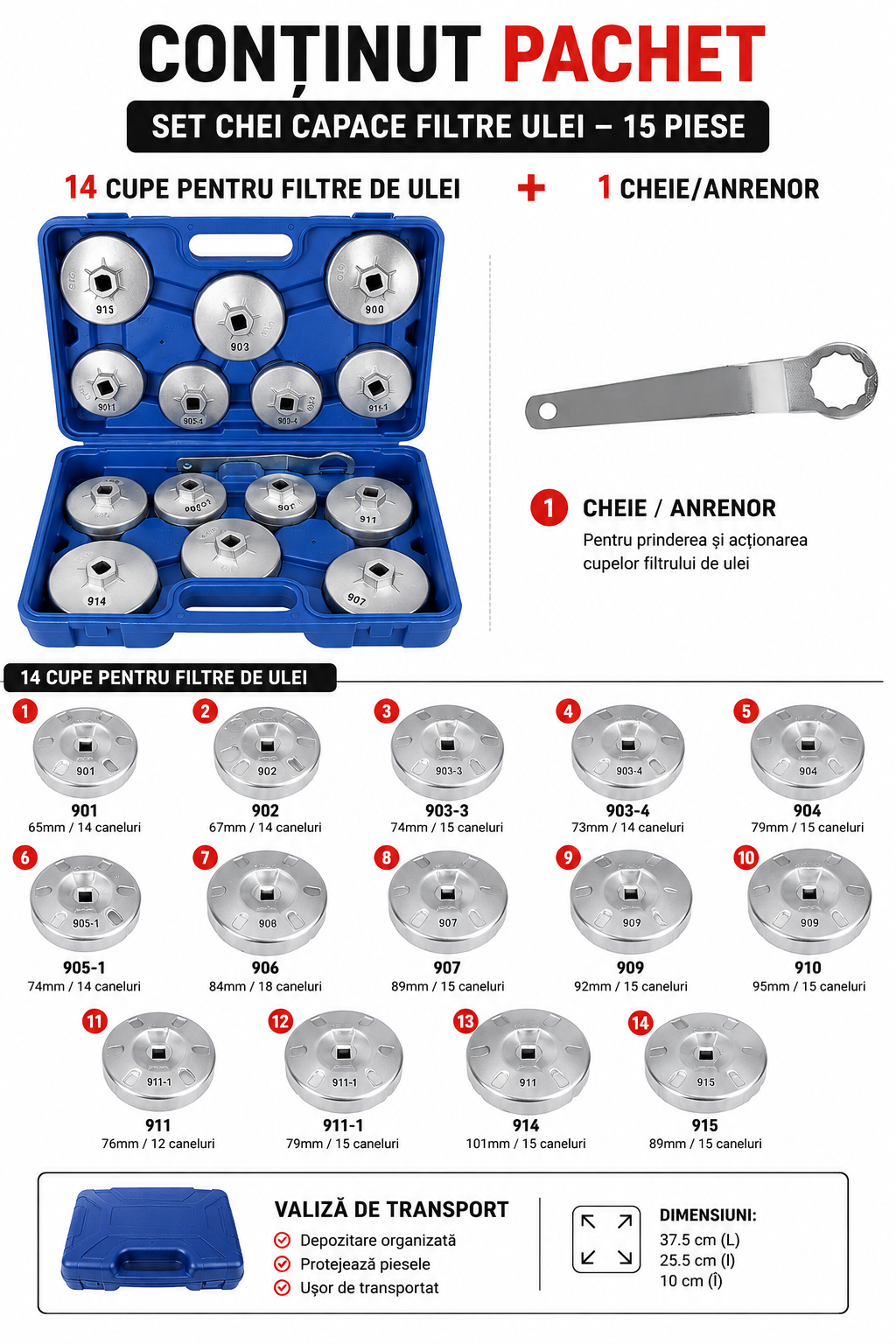Set chei filtru ulei 14 piese, capace metalice 65-101mm, adaptor 1/2, trusa transport