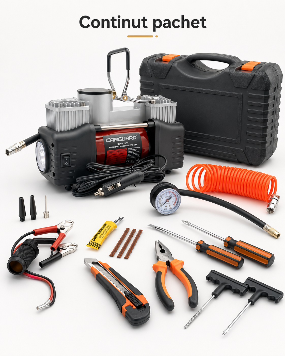 Compresor auto Carguard Heavy-Duty dublu cilindru, 50 L/min, 150 PSI, LED, kit reparatie anvelope, Cutie
