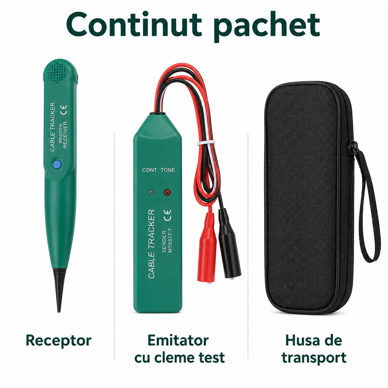 Tester cabluri Cable Tracker MaxTech MS6812-T, detector traseu fire, localizator intreruperi, sonda inductiva, emitator si receptor