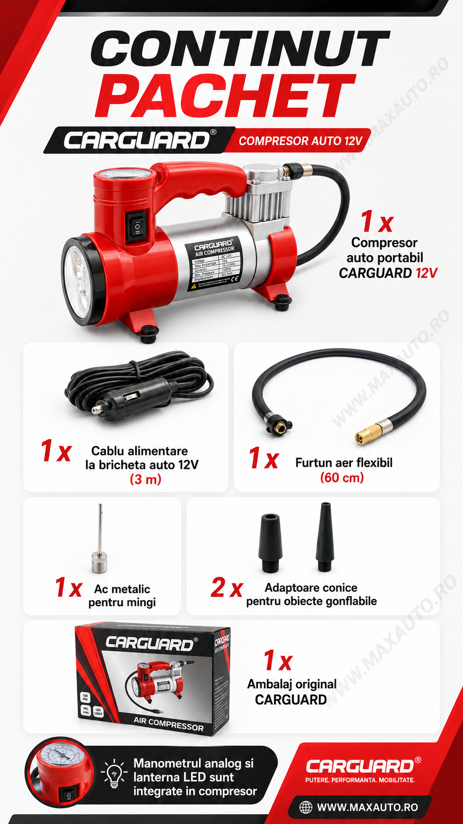 Compresor auto 12V Carguard, 30 L/min, 150 PSI, 10 Bar, carcasa metalica, manometru analog, lanterna LED, alimentare bricheta auto