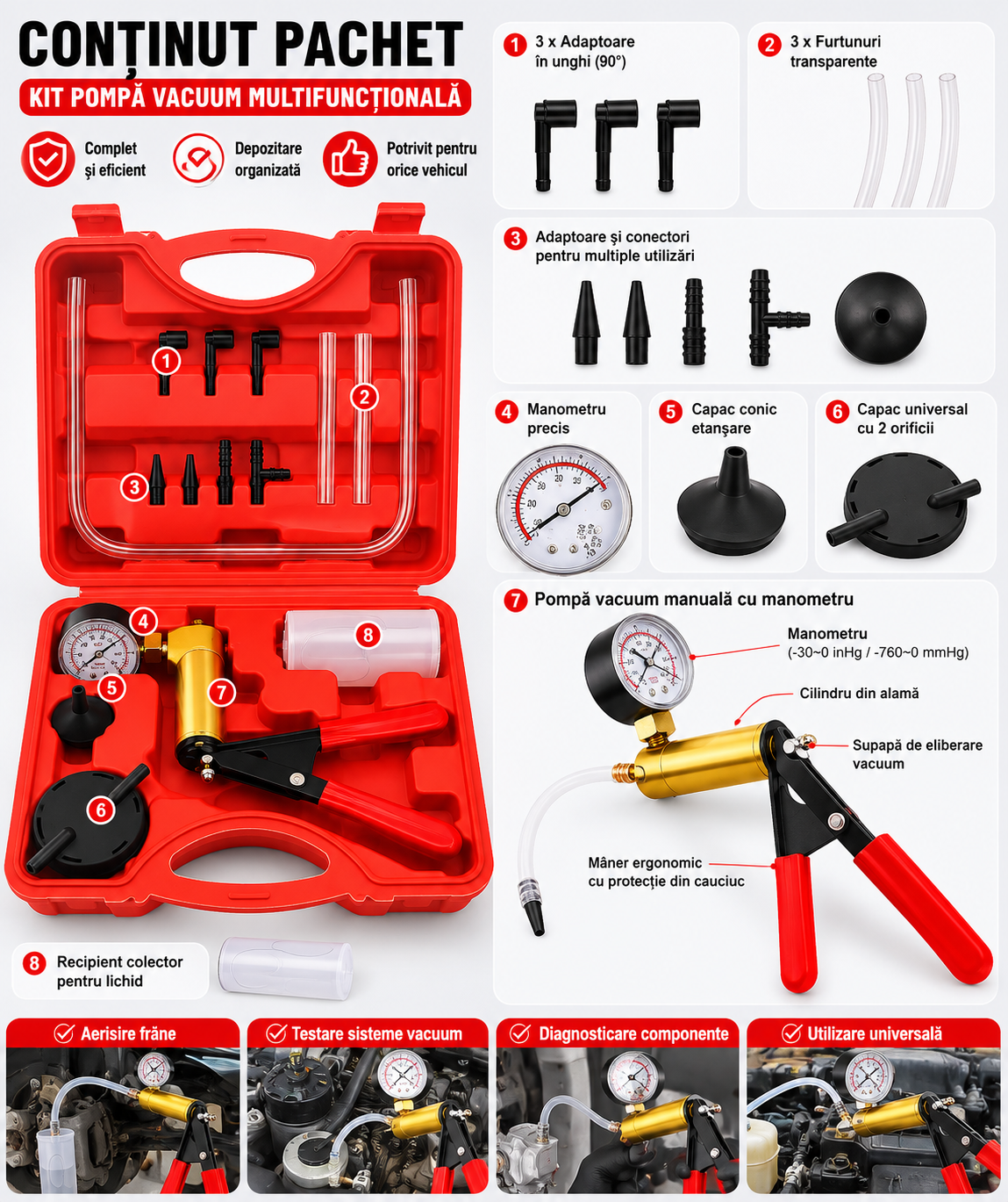 Kit pompa vacuum manuala pentru aerisire frane si test vacuum auto, cu manometru, furtunuri si adaptoare, valiza transport