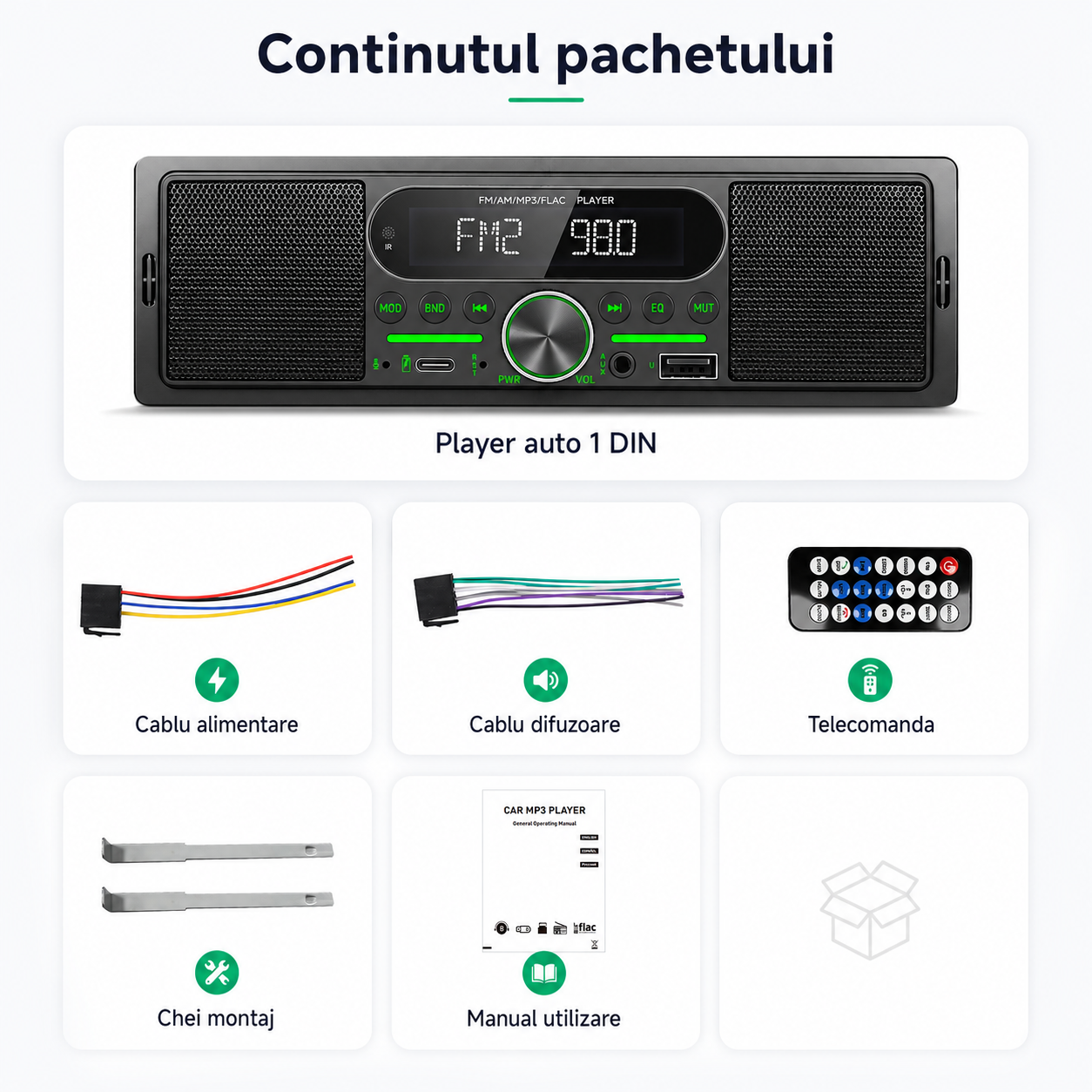Player auto 1 DIN MaxTech®, Bluetooth 5.1, difuzoare integrate, Fast Charging, FM/AM, USB, AUX, SD/TF, MP3, 4x45W