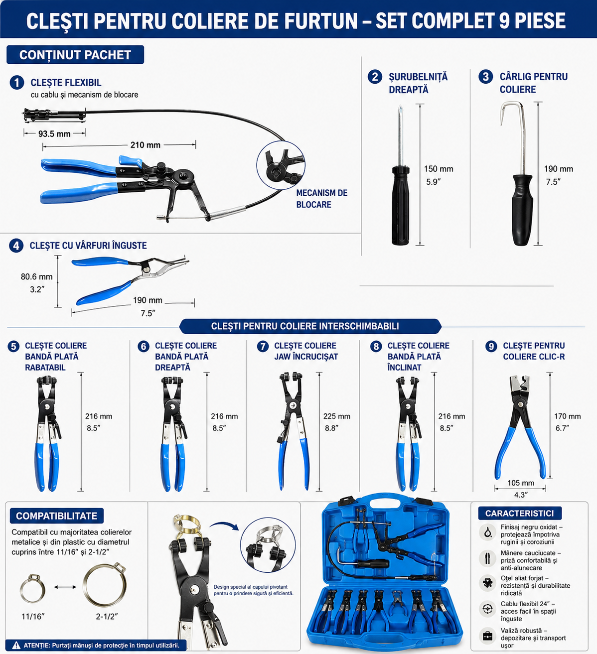 Trusa clesti coliere furtun auto 9 piese MaxTech, cablu flexibil, clesti Clic-R, extractor furtun si cutie transport