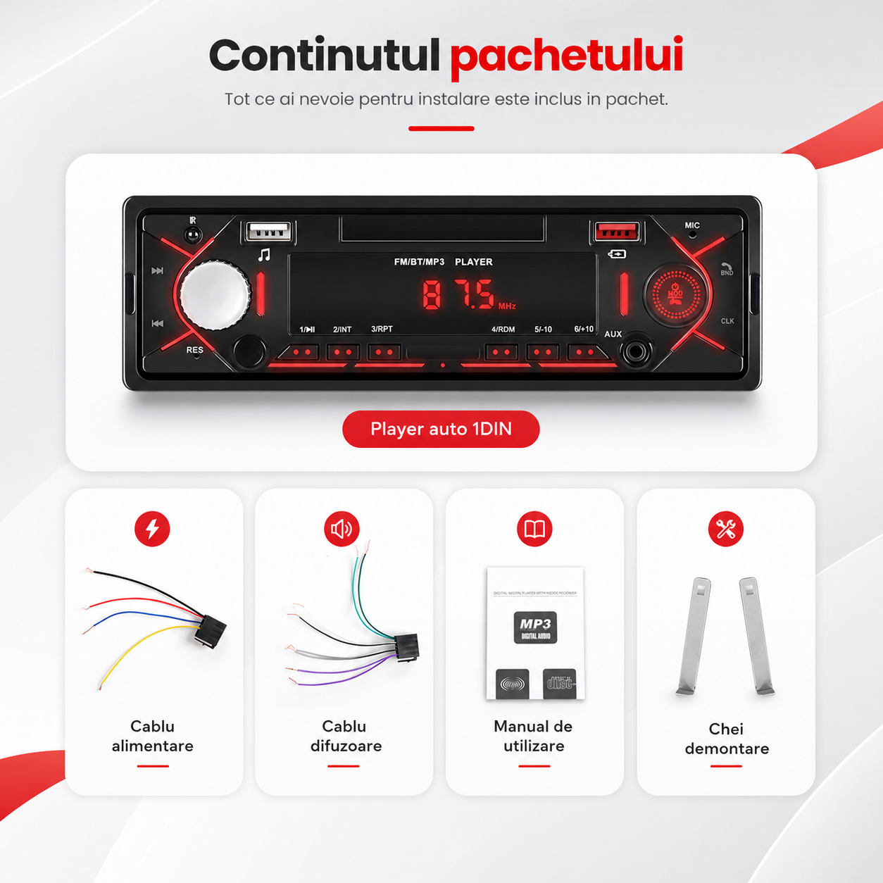 Player auto 1 DIN Casetofon MaxTech®, Bluetooth 5.0, FM Radio, USB, AUX, MP3, Hands-Free, 4x15W