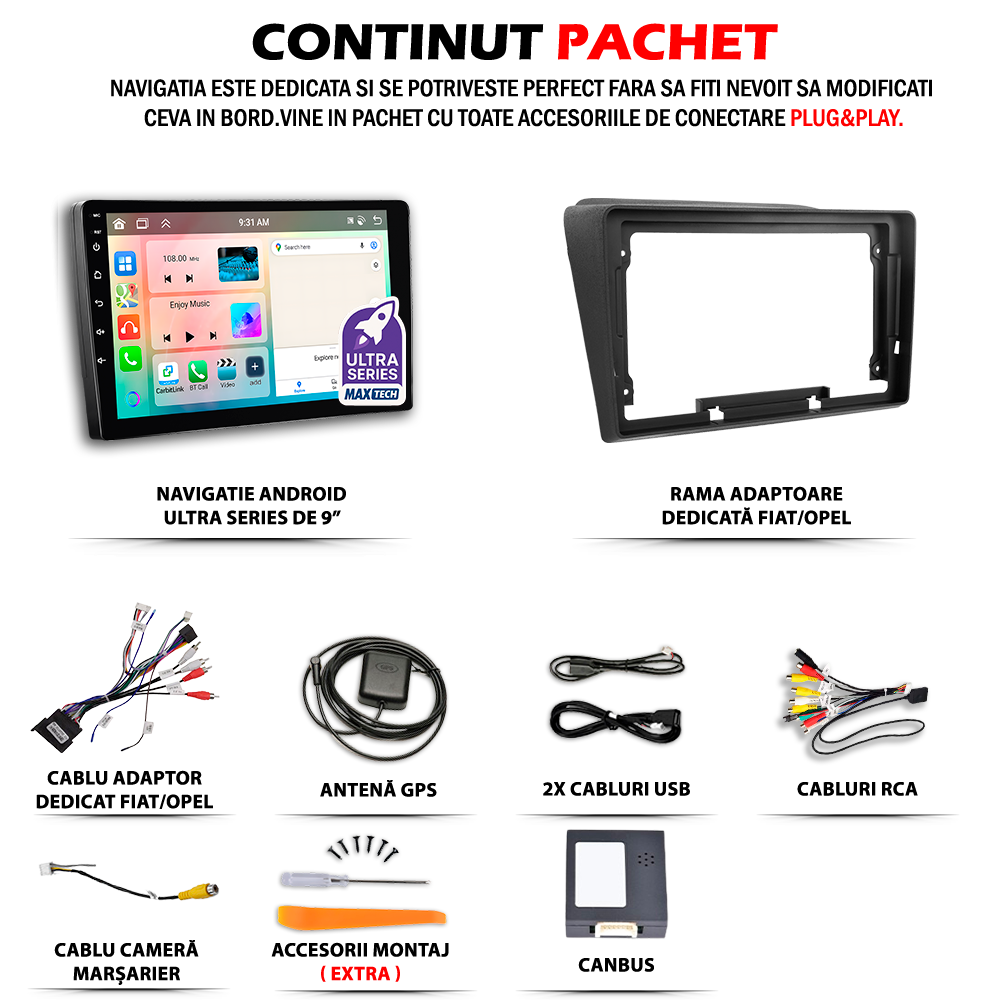 Navigatie Fiat Doblo II (2010-2014) / Opel Combo D (2012-2017) dedicata, MaxTech® PRO SERIES, 2 GB Ram 64 GB Rom, Carplay si Android auto, Ecran 9” HD Touch, GPS, Wifi, Bluetooth, Radio, USB, EQ, DSP, Waze