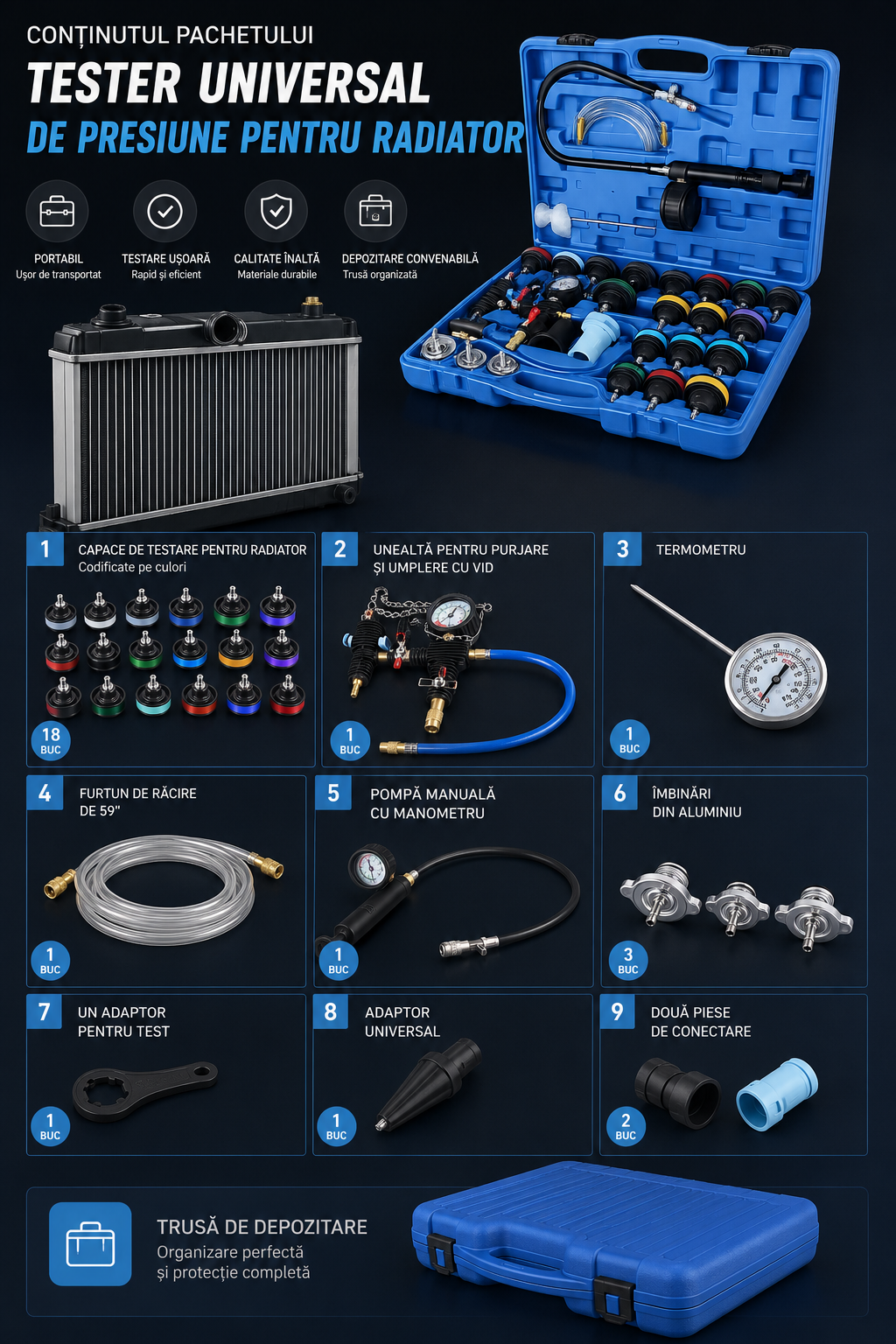 Tester universal presiune radiator, kit verificare sistem racire auto cu pompa, manometru, adaptoare si valiza