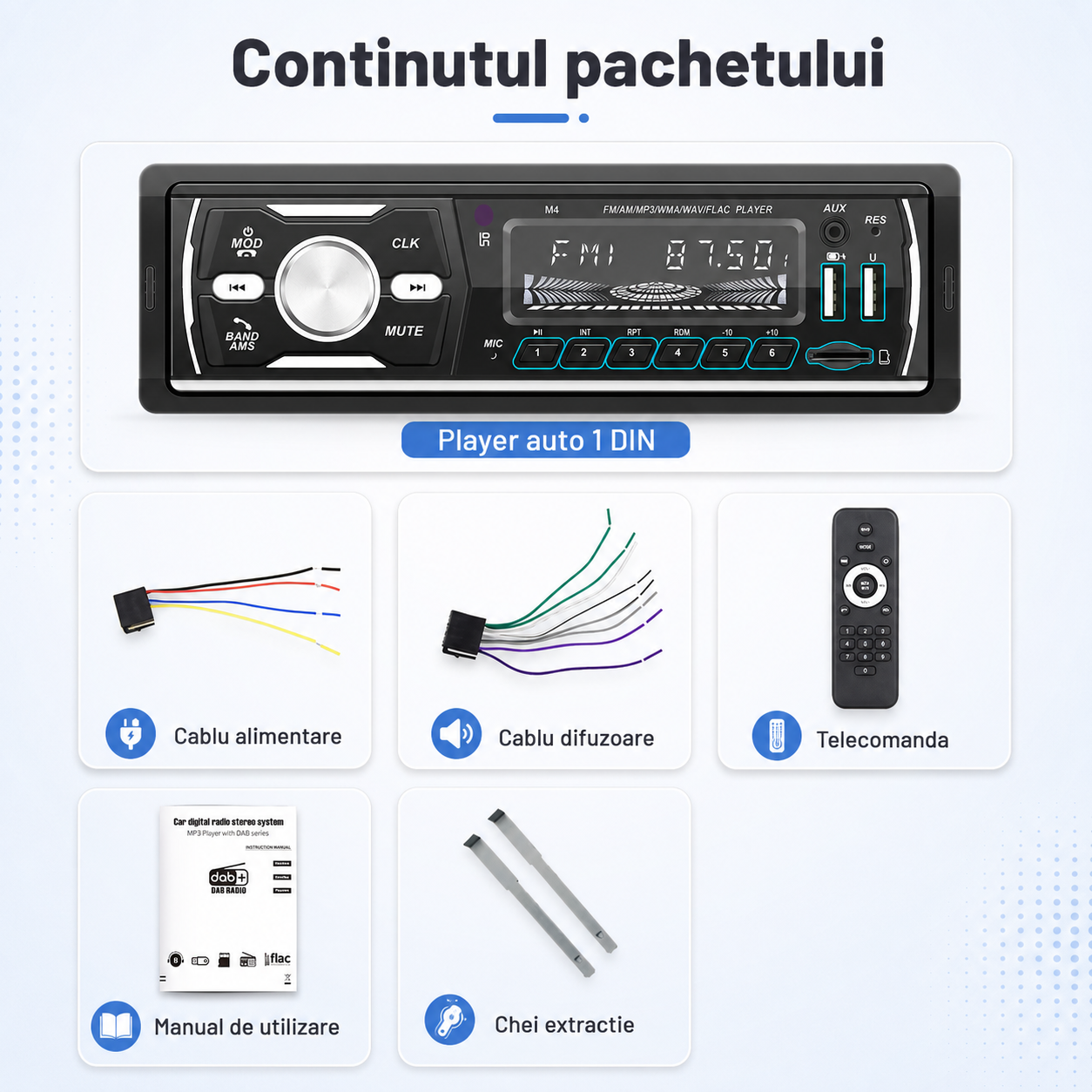 Mp3 Player 1 DIN MaxTech®, Bluetooth, FM/AM/RDS/DAB+, USB, SD, AUX, MP3, Hands-Free