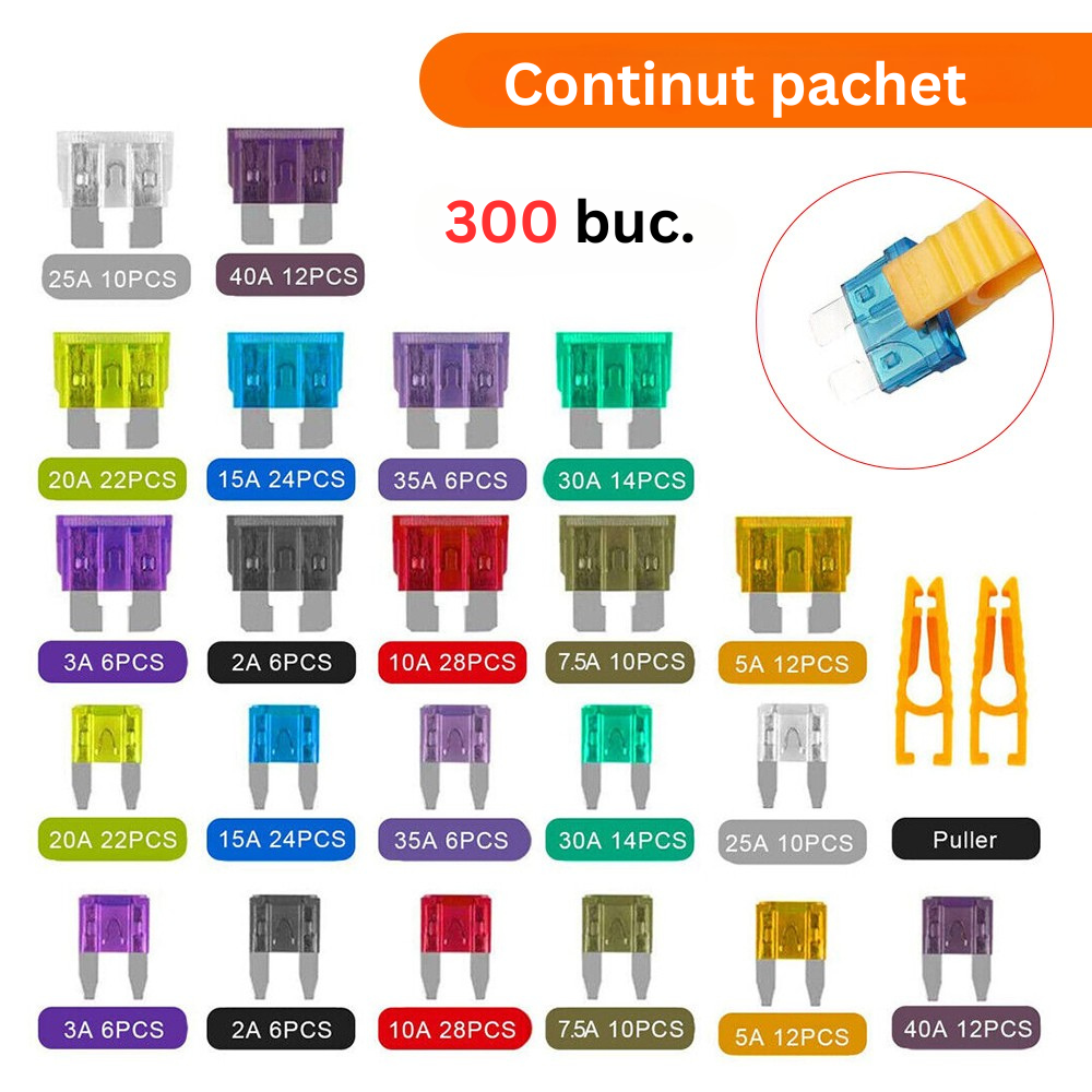 Set 300 sigurante auto Standard si Mini 2A-40A, cu cutie organizare si extractoare sigurante