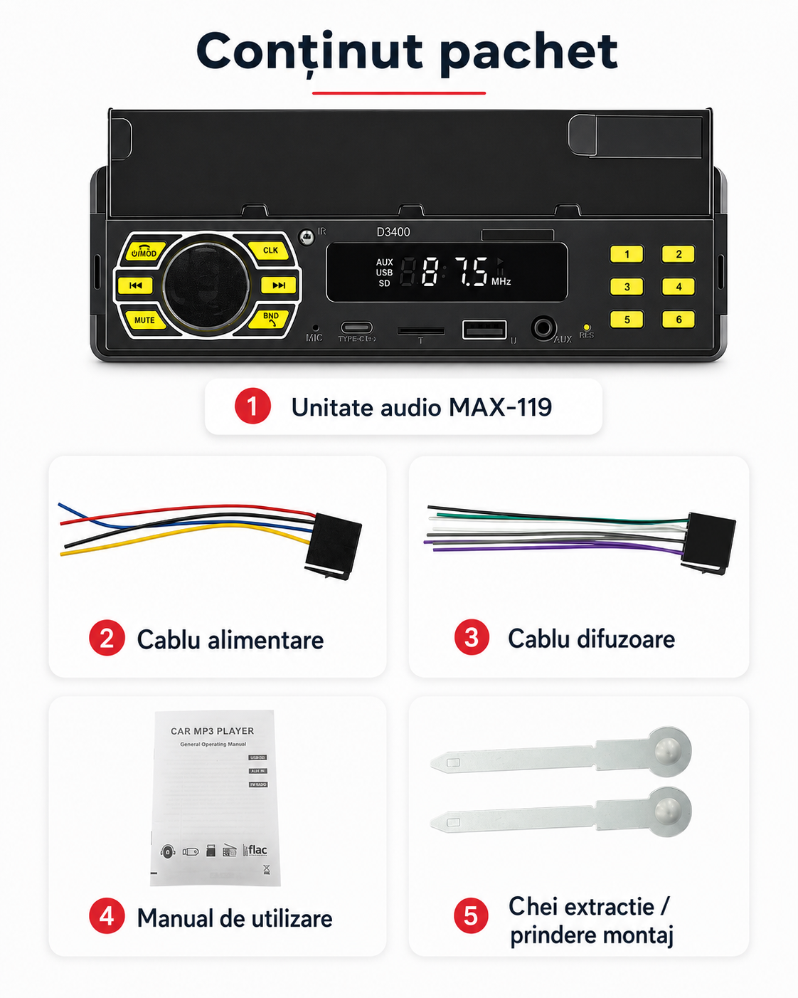 Radio MP3 auto cu suport telefon, MaxTech®, Bluetooth 5.1, USB, AUX, 4x45W, lumini colorate