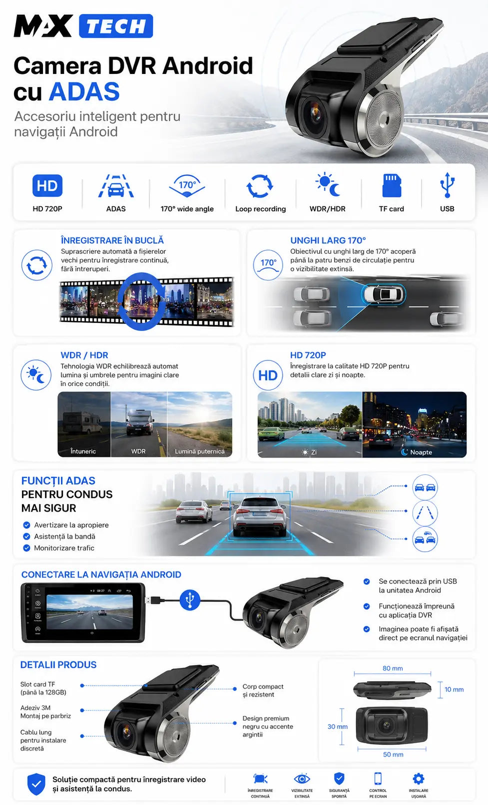 Camera DVR Android cu ADAS MaxTech®, HD 720P, unghi 170°, WDR/HDR, USB, Loop Recording, suport card TF