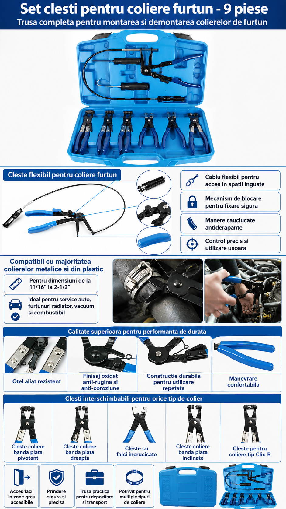 Trusa clesti coliere furtun auto 9 piese MaxTech, cablu flexibil, clesti Clic-R, extractor furtun si cutie transport