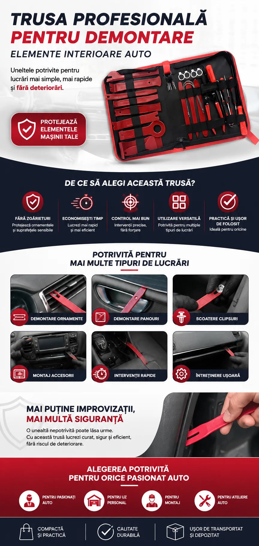 Set scule demontare ornamente/plastice auto MaxTech®, clipsuri si pini, trusa 38 piese