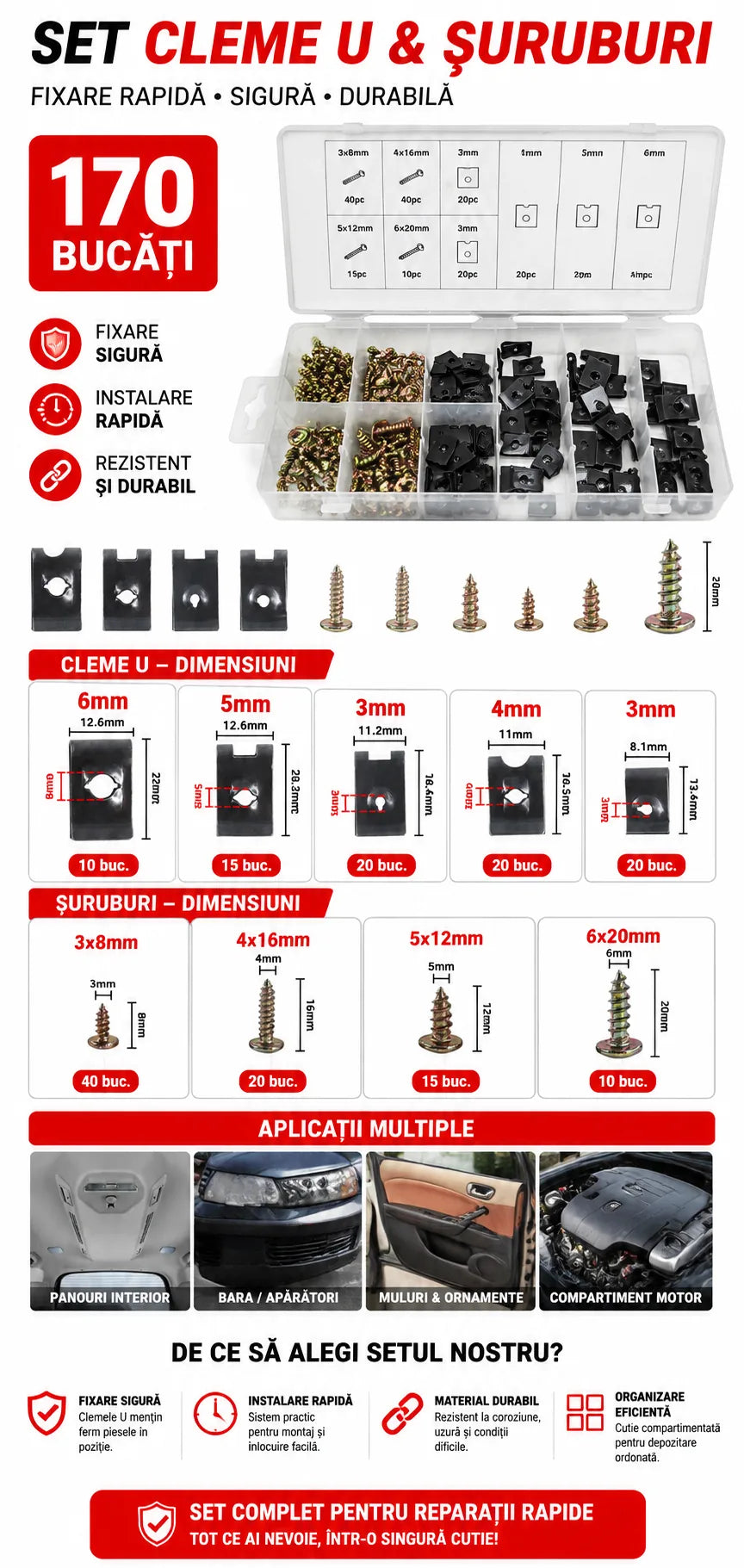 Set clipsuri U si suruburi auto 170 bucati, pentru caroserie, ornamente, bara, aripi si panouri auto, cutie organizatoare