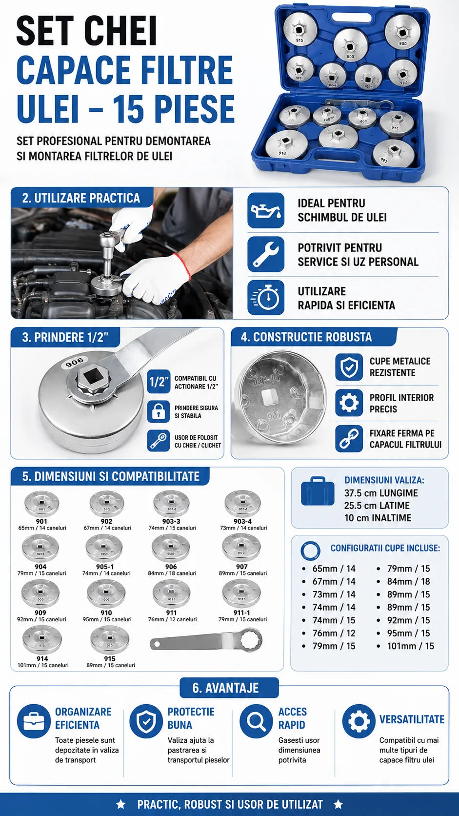 Set chei filtru ulei 14 piese, capace metalice 65-101mm, adaptor 1/2, trusa transport