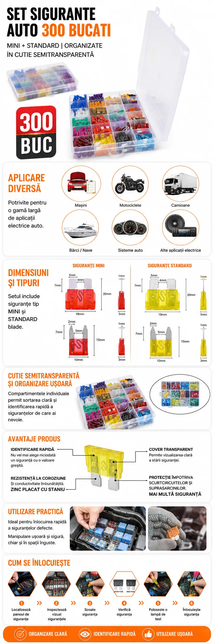 Set 300 sigurante auto Standard si Mini 2A-40A, cu cutie organizare si extractoare sigurante