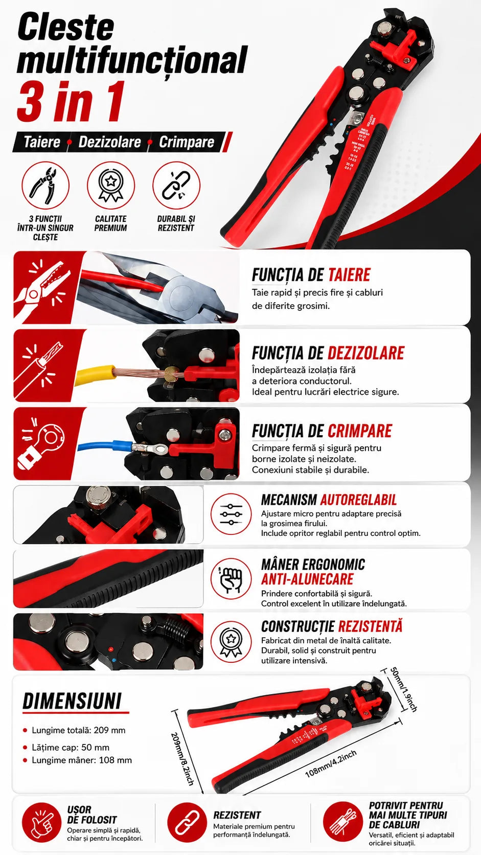 Cleste automat de dezizolat 3 in 1, taiat si sertizat fire MaxTech, reglaj fin, maner ergonomic