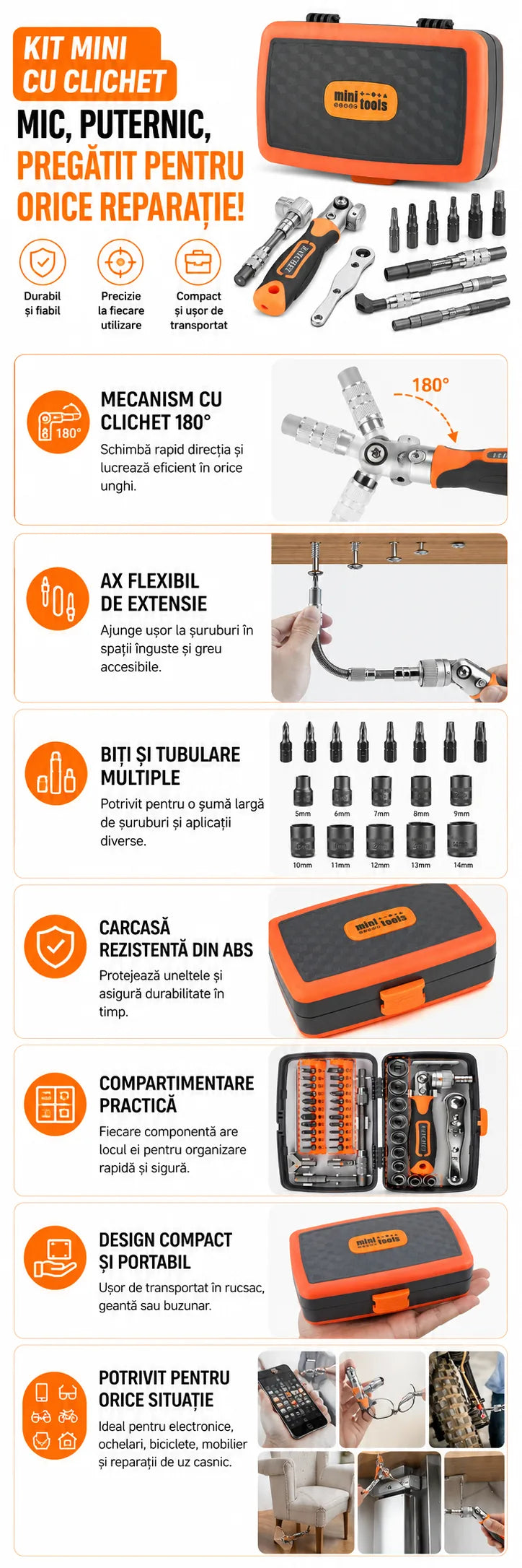 Trusa mini scule cu clichet MaxTech, surubelnita cu biti, tubulare si prelungitor flexibil