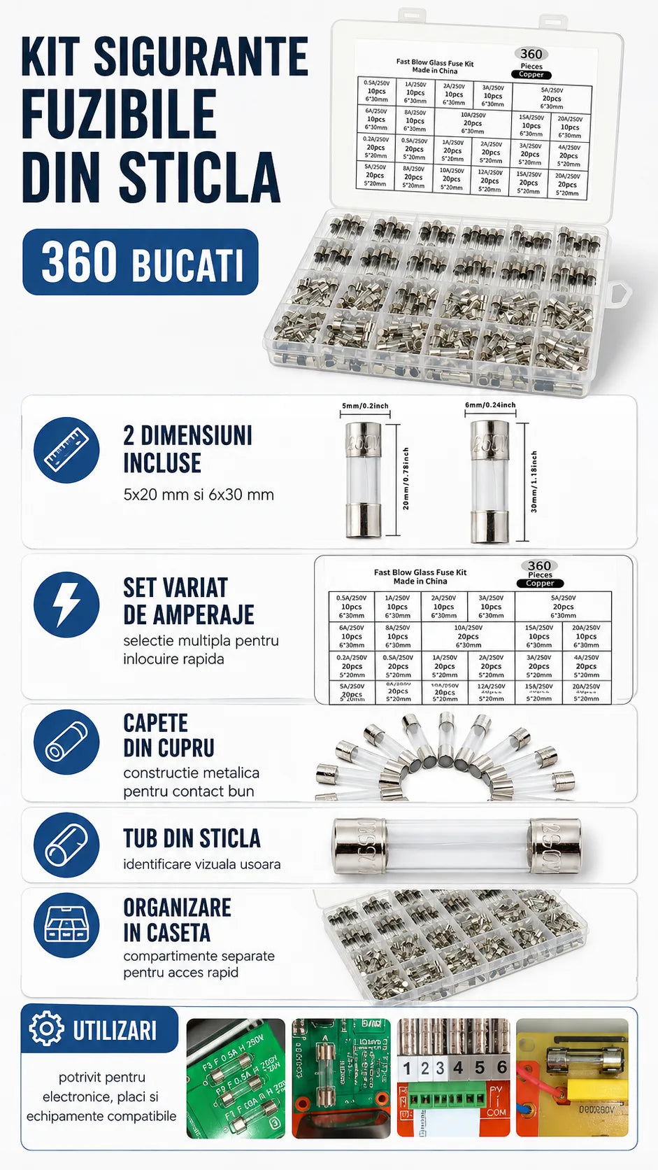 Set sigurante fuzibile din sticla 360 bucati, 5x20mm si 6x30mm, 250V, 0.2A-20A, cutie organizator