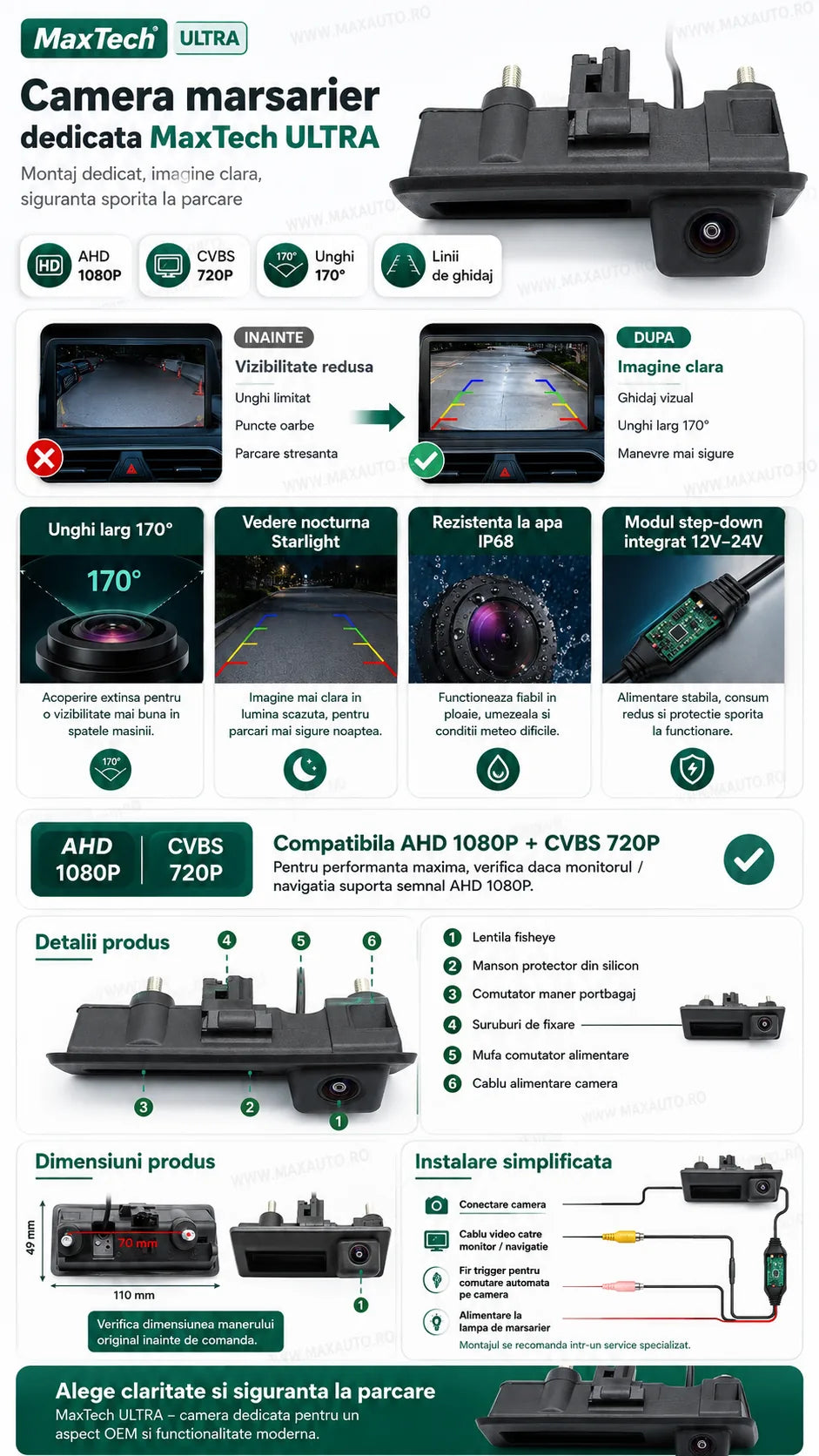 Camera marsarier AHD 1080P in maner portbagaj MaxTech® ULTRA, VW Jetta Passat Tiguan Touareg Audi A3 A4 A6 Q5, 165 grade, OEM 5N0827566