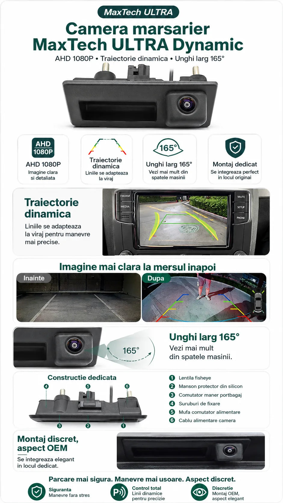 Camera marsarier DTAHD 1080P cu traiectorie dinamica in maner portbagaj MaxTech® ULTRA Dynamic, VW Jetta Passat Tiguan Touareg Audi A3 A4 A6 Q5 , OEM 5N0827566