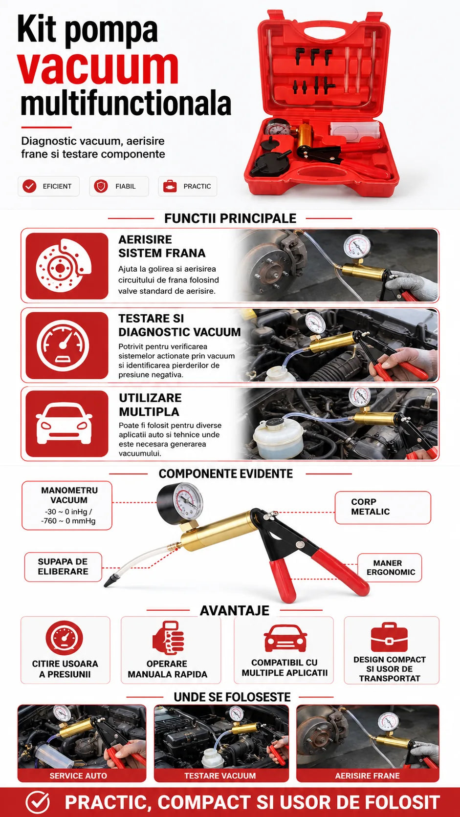 Kit pompa vacuum manuala pentru aerisire frane si test vacuum auto, cu manometru, furtunuri si adaptoare, valiza transport