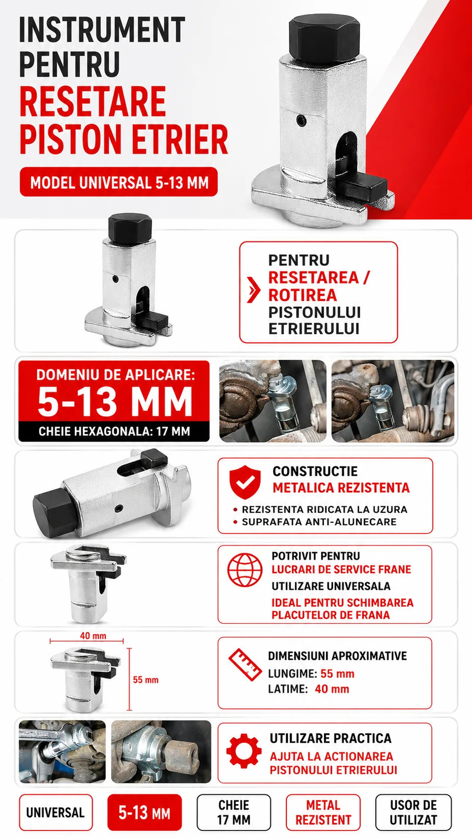Adaptor universal resetare piston etrier frana 5-13 mm, cheie 17 mm, scula pentru service frane auto