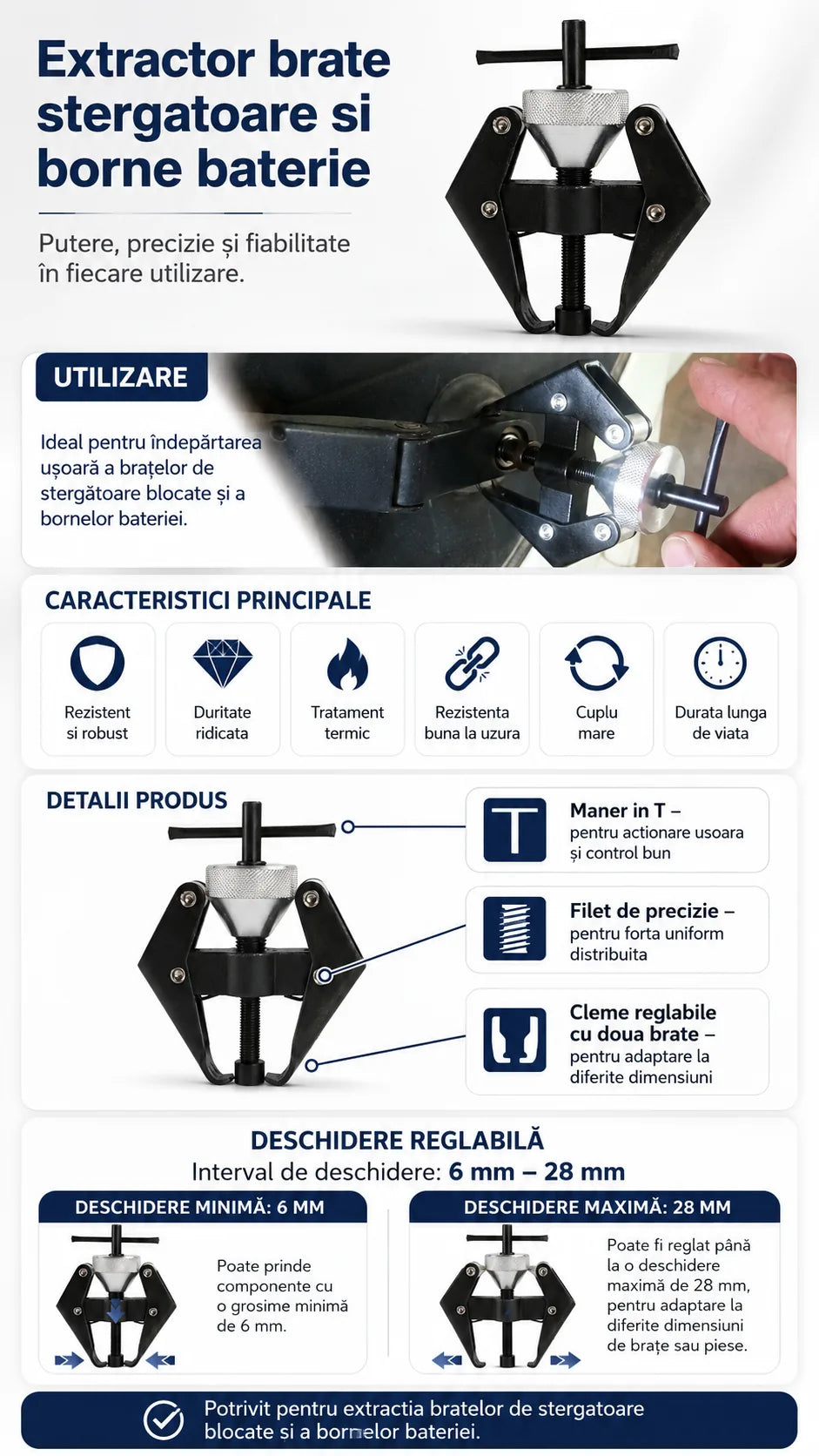 Extractor brat stergator si borna baterie, 6-28 mm, cu doua gheare reglabile, maner T, unealta universala auto