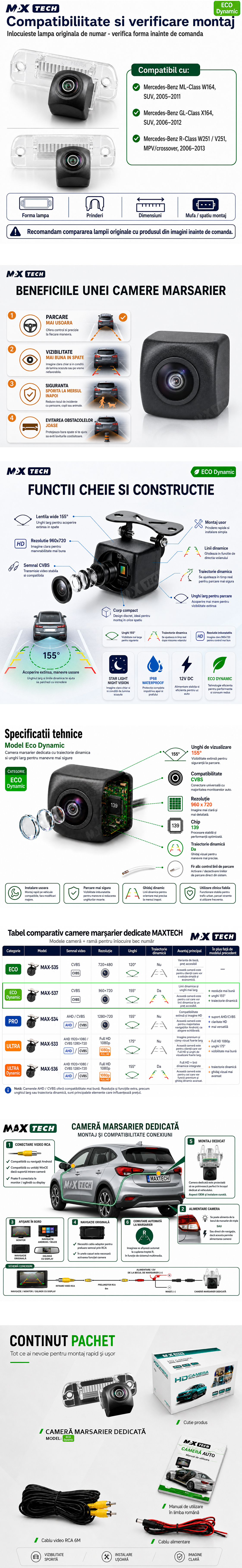 Camera marsarier Mercedes ML-Class W164, GL-Class X164, R-Class W251 dedicata, MaxTech ECO Dynamic, suport lampa numar OEM, CVBS 960x720, unghi 155 grade, linii dinamice, RCA, navigatii Android aftermarket